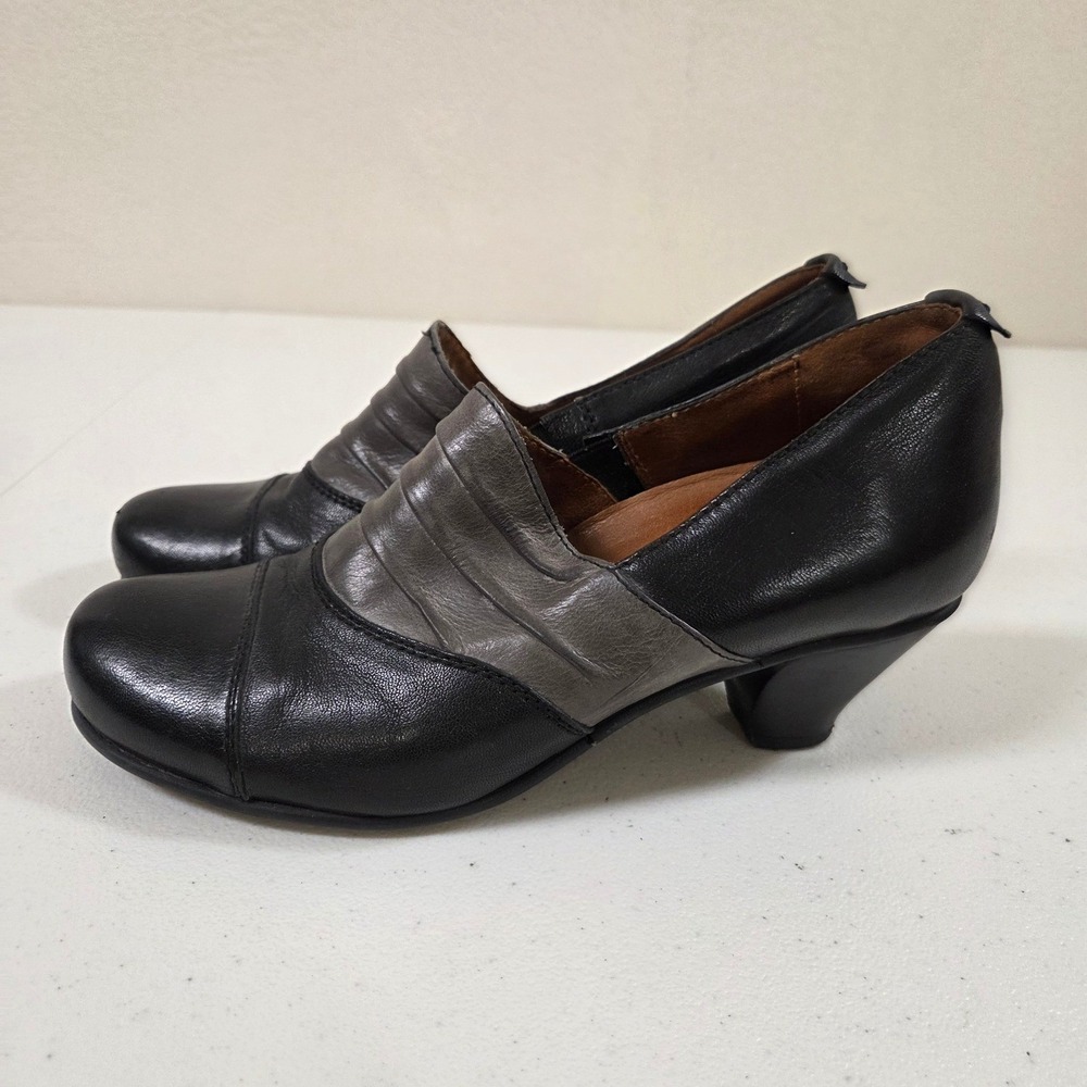 Fidji L084 Black Gray Leather Pleated Slip On Kitten Heel Shoes Womens 40 9-9.5